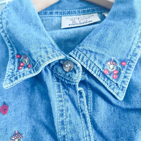 At Last & Co 14 / 16 Cotton Denim Embroidered  Shirt Button Womens Leaf Fall Vtg - Picture 8 of 10